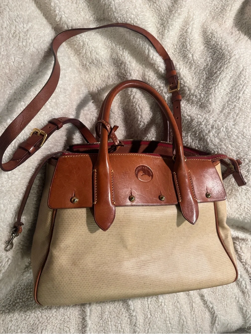 Dooney & Bourke Beige Canvas Satchel with Brown Leather Trim